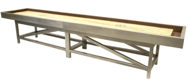 A shuffleboard table with a wooden top.