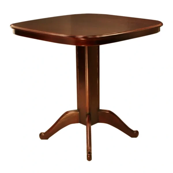 A square dining table with a wooden base.