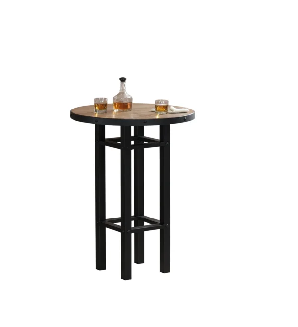 A round bar table with a bottle of whiskey on it.