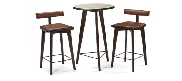Three bar stools and a table on a white background.