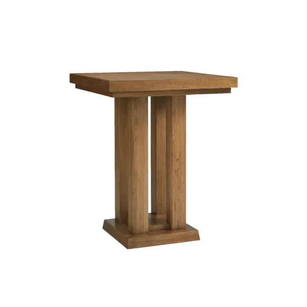 A wooden table with a square base.