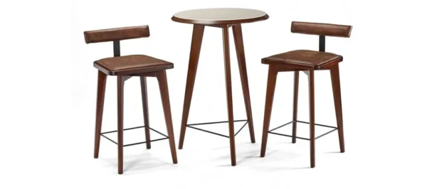 Three bar stools and a table on a white background.