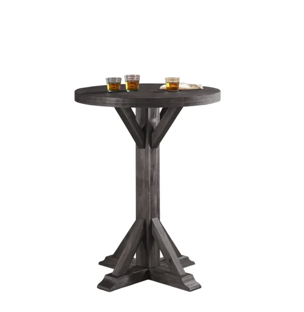 A round table with two glasses on top.