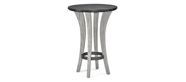 A round table with a metal base and a black top.