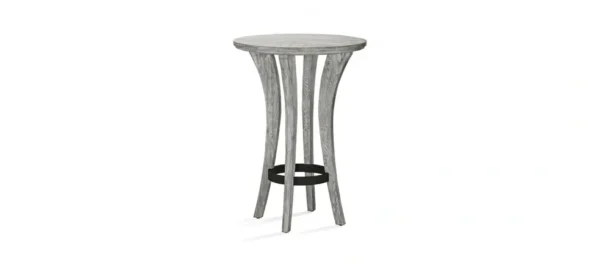 A small table with a metal base and a wooden top.