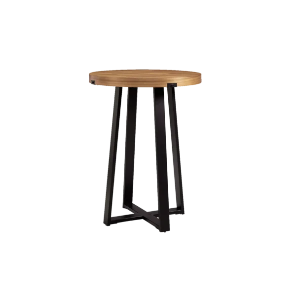 A round table with black legs and a wooden top.