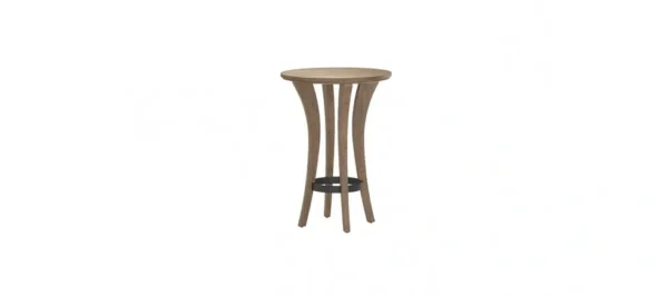 A small wooden table with a metal base.