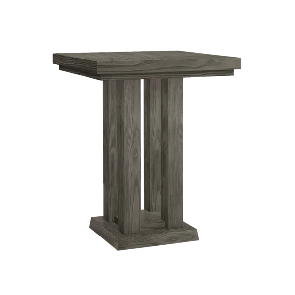 A grey wooden table with a wooden base.