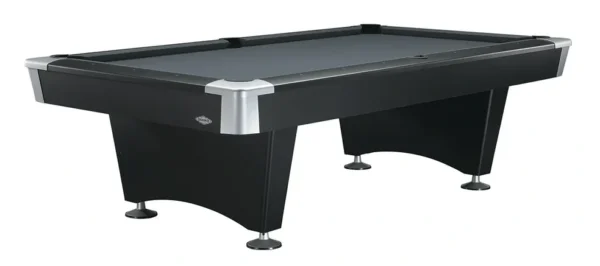 A black pool table with silver legs.