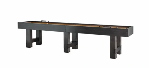 A black table with two legs and a wooden top.