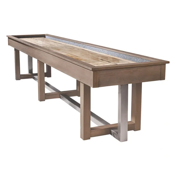 A wooden shuffleboard table with metal legs.