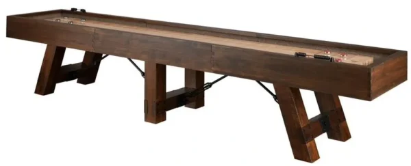 A wooden shuffleboard table with two legs.