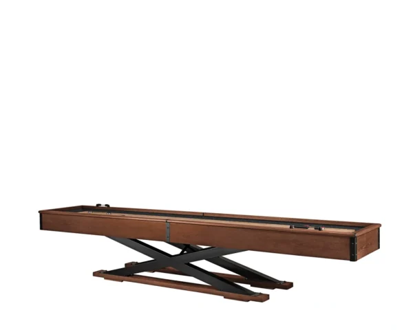 A shuffleboard table with a black base.