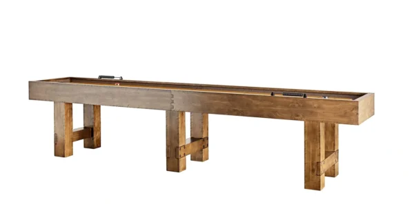 A wooden shuffleboard table with two legs.