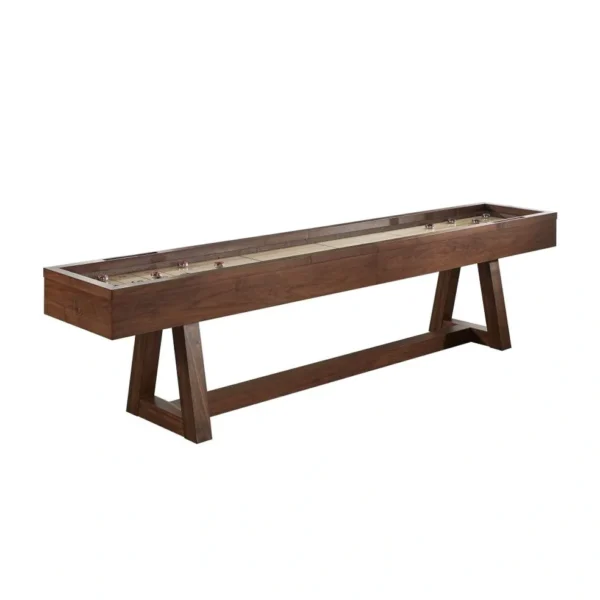 A wooden shuffleboard table on a white background.
