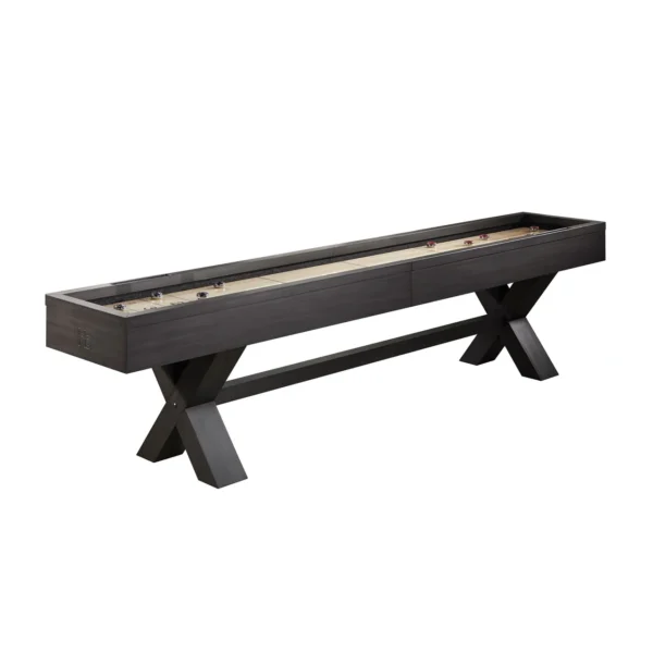 A shuffleboard table with a black finish.