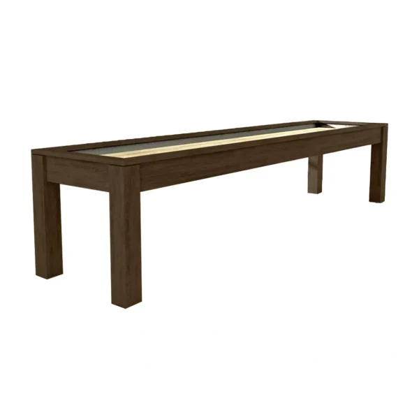A wooden shuffleboard table with a glass top.