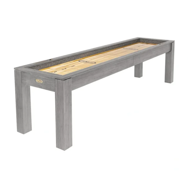 A shuffleboard table with a wooden top.