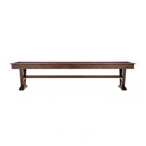 A wooden shuffleboard table on a white background.