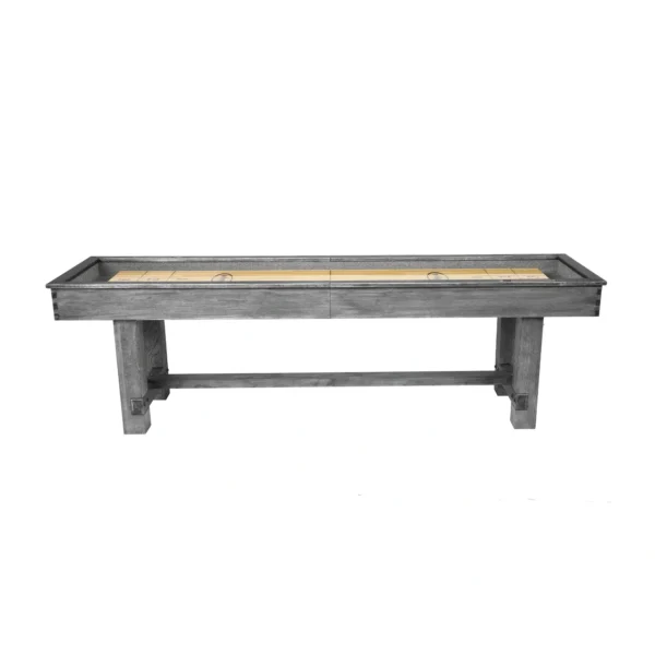A shuffleboard table with a wooden base.