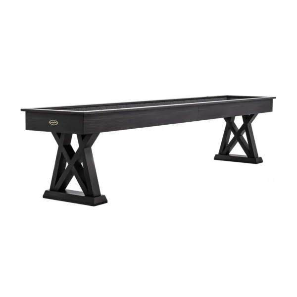 A black shuffleboard table with two legs.