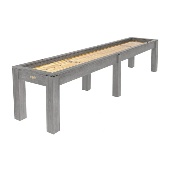 A grey shuffleboard table with a wooden top.