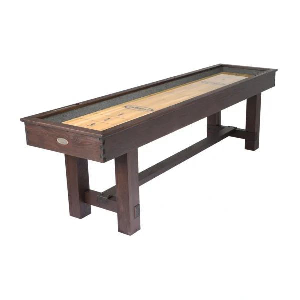 A shuffleboard table with a wooden base.