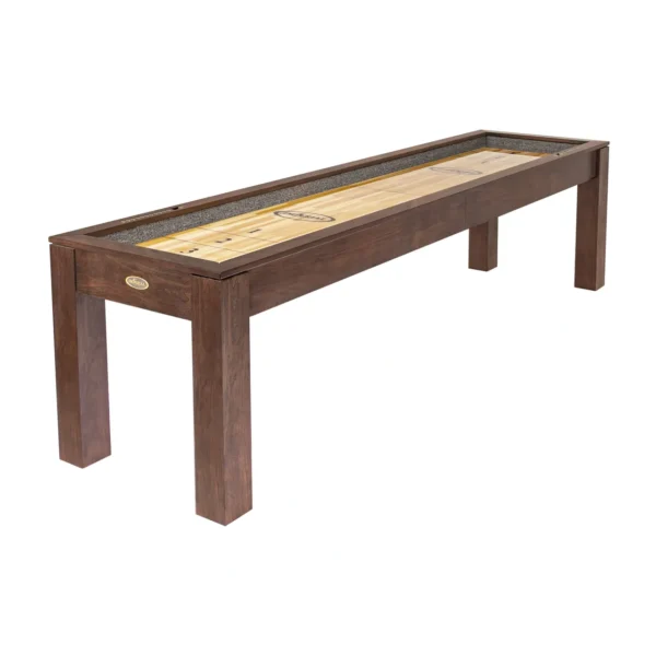 A shuffleboard table with a wooden base.