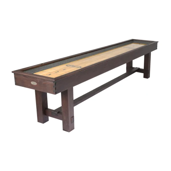 A shuffleboard table with a wooden base.