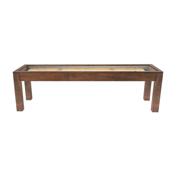 A wooden shuffleboard table with a glass top.