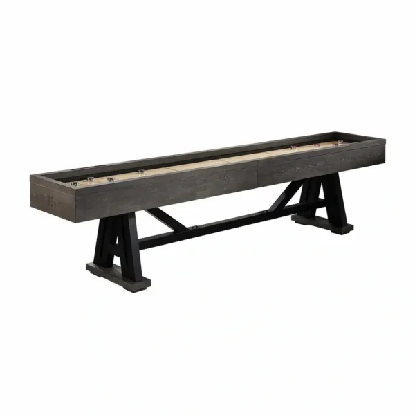 A wooden shuffleboard table with black legs.