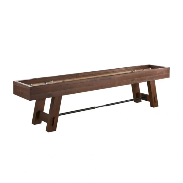 A wooden shuffleboard table with a metal frame.