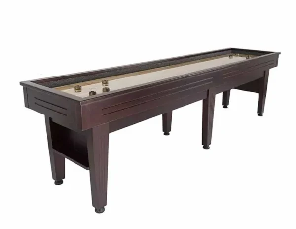 A shuffleboard table with two legs and a glass top.