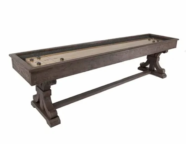 A shuffleboard table with a wooden base.