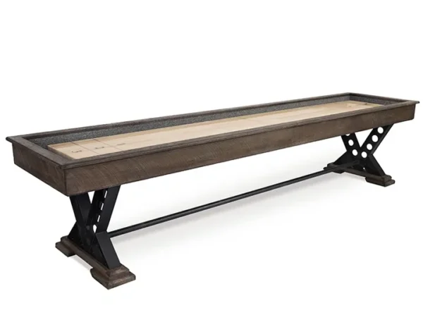 A wooden shuffleboard table with a metal base.