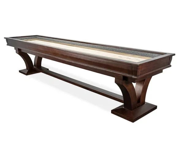 A shuffleboard table with a wooden base.