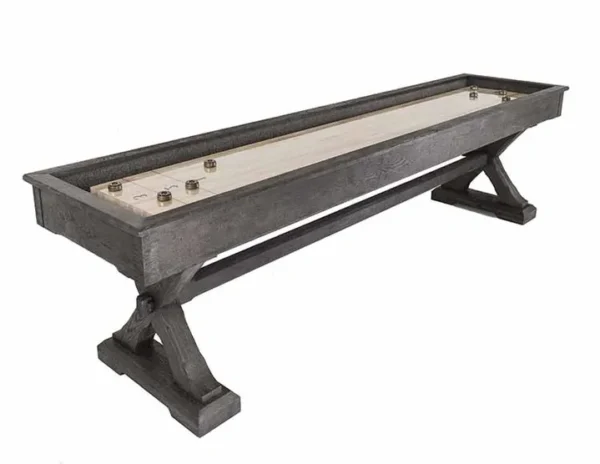 A shuffleboard table with a wooden base.