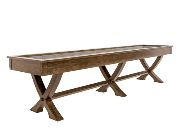 A long wooden table with a glass top.