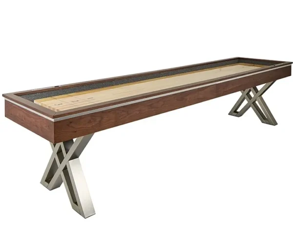A shuffleboard table with a metal base.