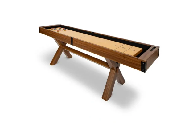 A wooden shuffleboard table on a white background.