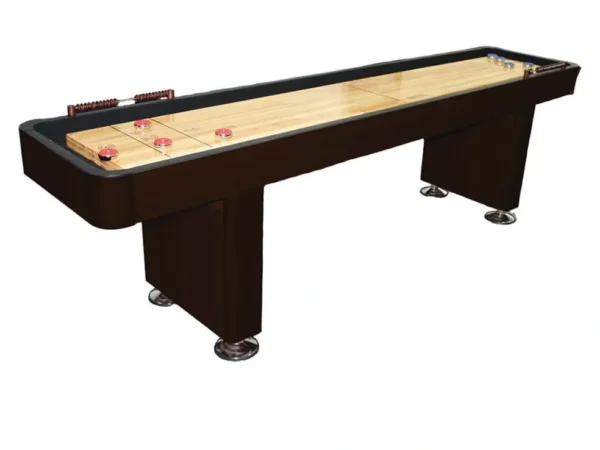 A shuffleboard table with a wooden top.