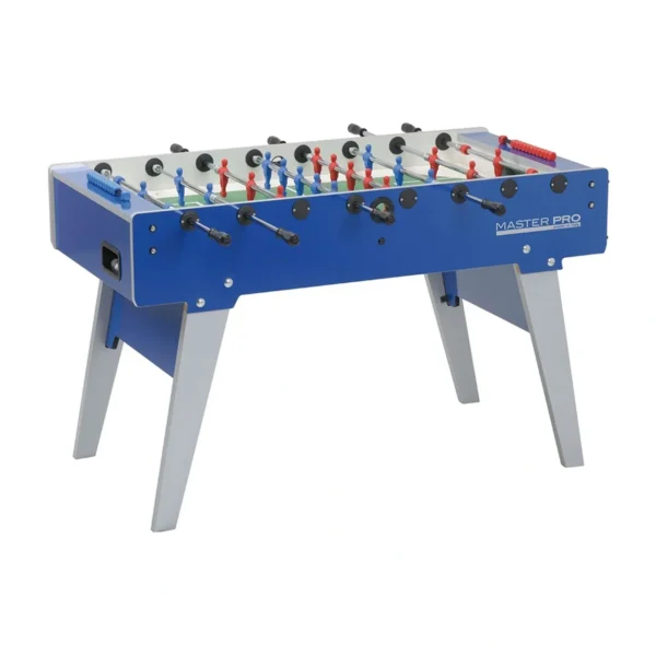 A blue foosball table on a white background.