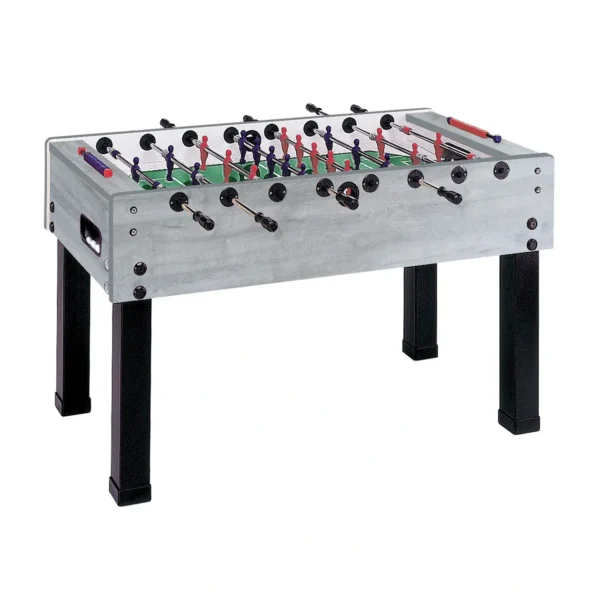 A foosball table on a white background.