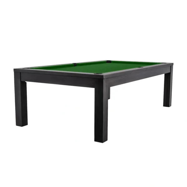 A black pool table with green cloth.