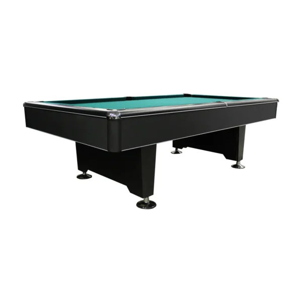 A black pool table with green cloth.