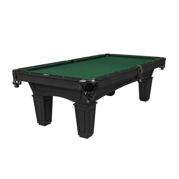 A black pool table with green cloth.