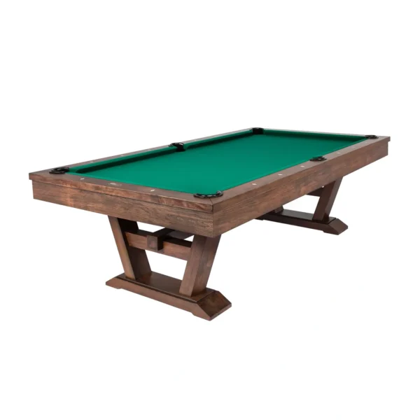 A pool table with a green cloth.