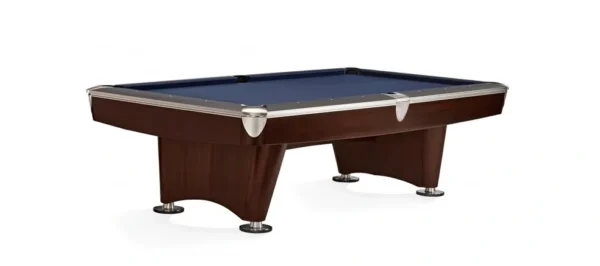 A pool table with a blue cloth.