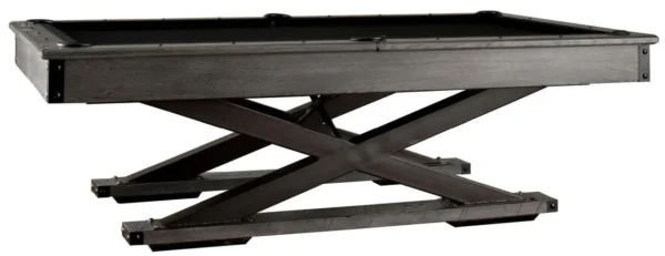 A billiard table with a black top and metal legs.