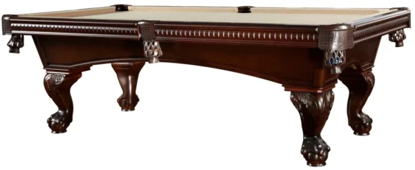 A pool table with a wooden top and legs.